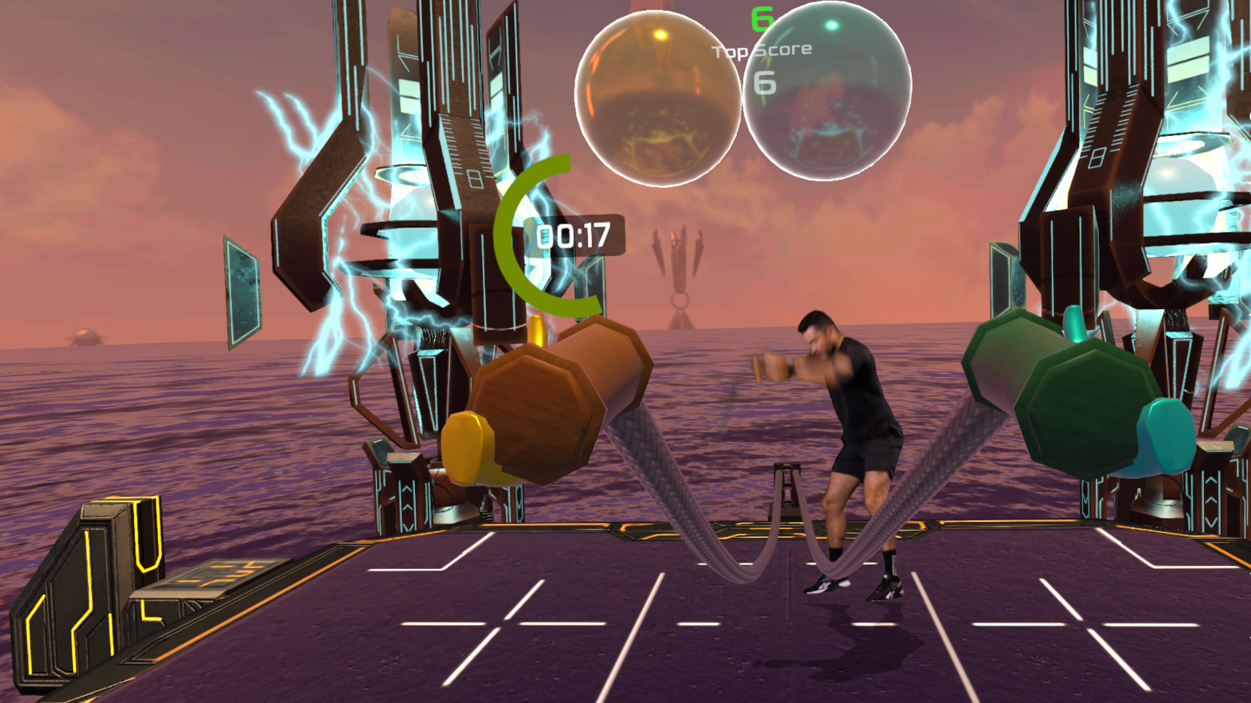 An image showcasing some of the VR content of the EIR Training application. It shows the player using virtual battle ropes in an exercise that improves muscular strength and endurance.